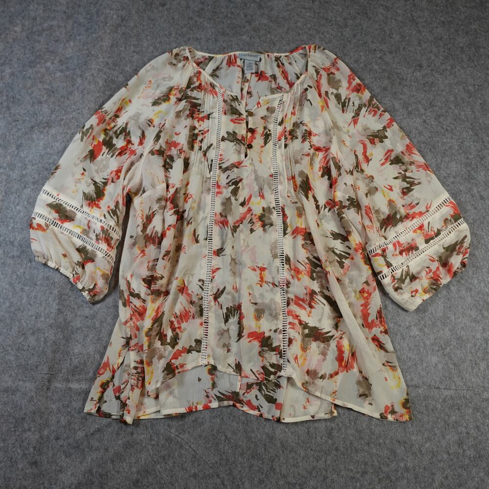 Catherines‎ Top Womens 2X Popover Floral Watercolor Chiffon Sheer 3/4 Sleeve